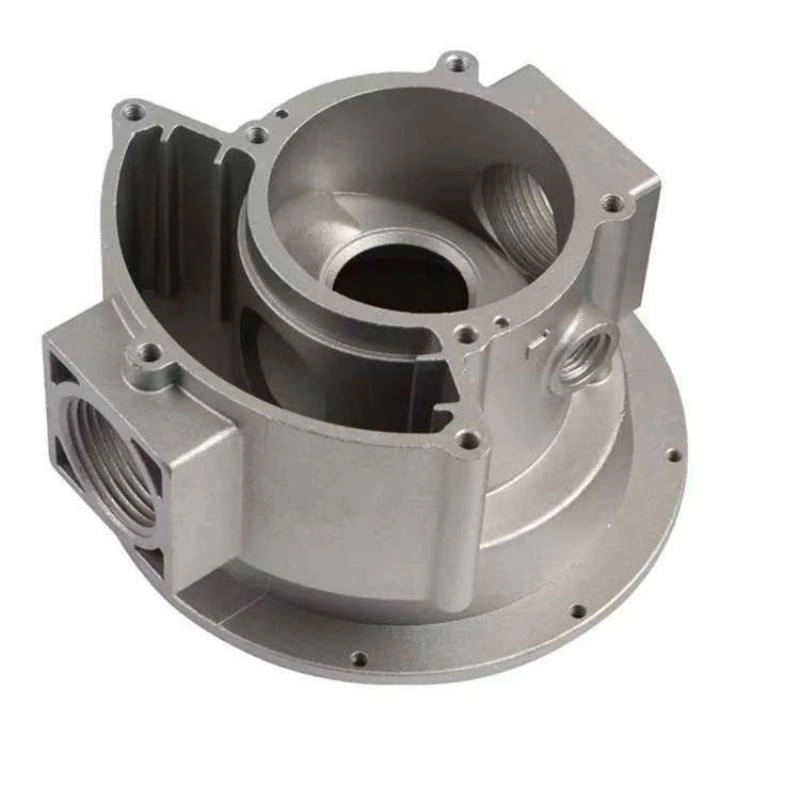 Machined aluminum mounting flange and cylindrical housing with threaded ports and mounting holes around the base.